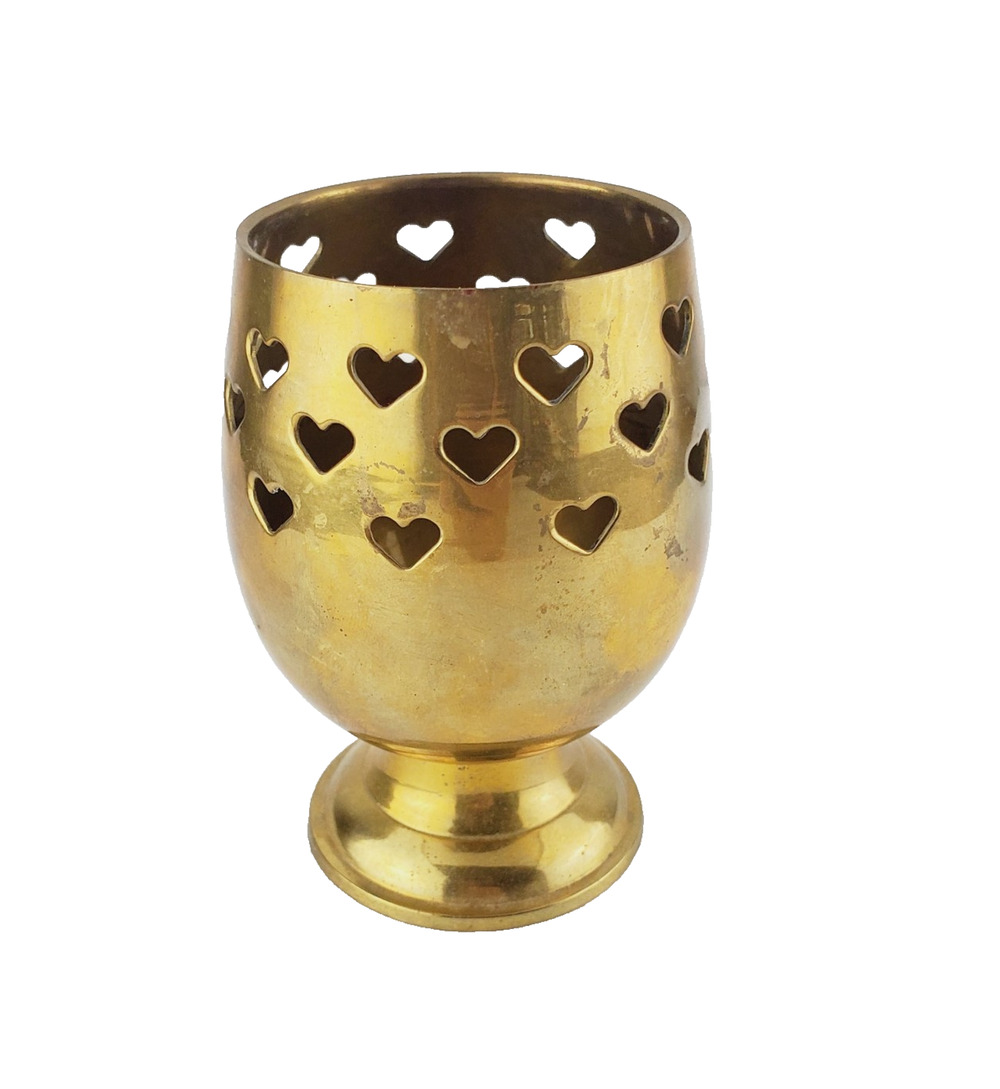 Vintage Solid Brass Goblet Votive Tea Light Candle Holder India Heart Stamped